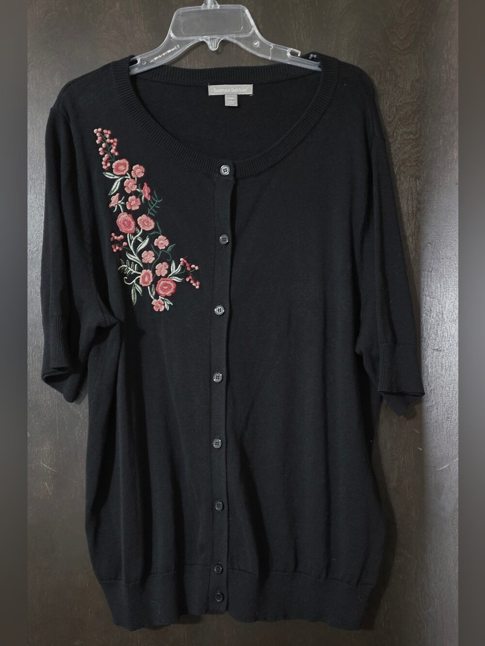 Woman Within Black Short Sleeve Sweater/Cardigan Floral Embroidery Size L(18-20)